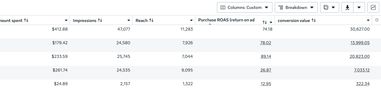 Scaling individual campaigns to 89× purchase ROAS.